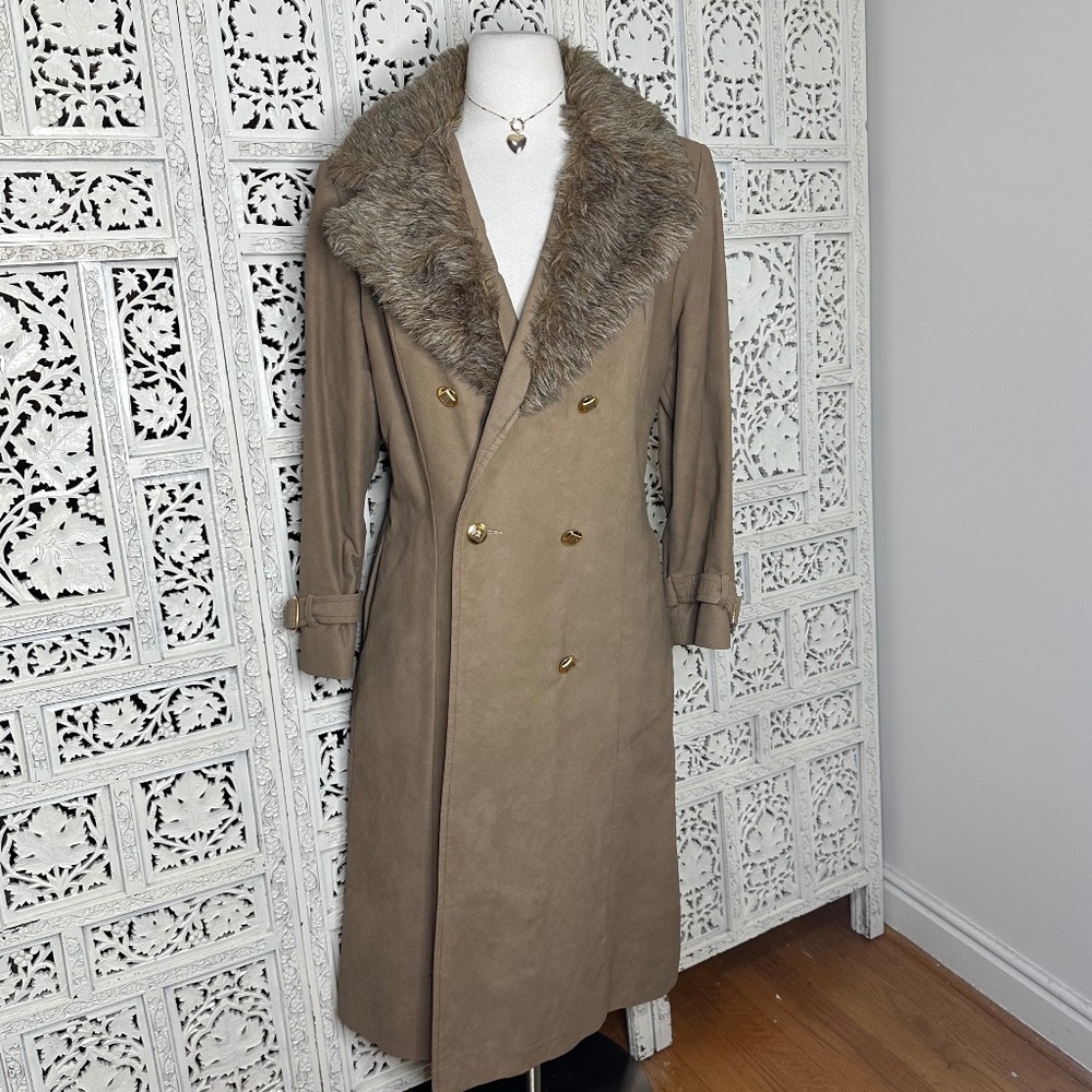 Vtg Tan 70's Debbi Robert Faux Fur‎ Collar Trench Coat Sz Medium Old Money